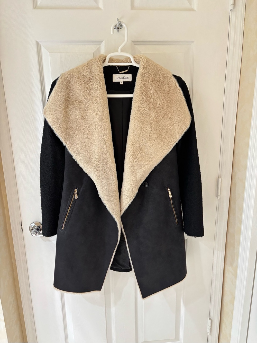Calvin Klein Black Teddy Coat with Cream Faux Shearling Lapel